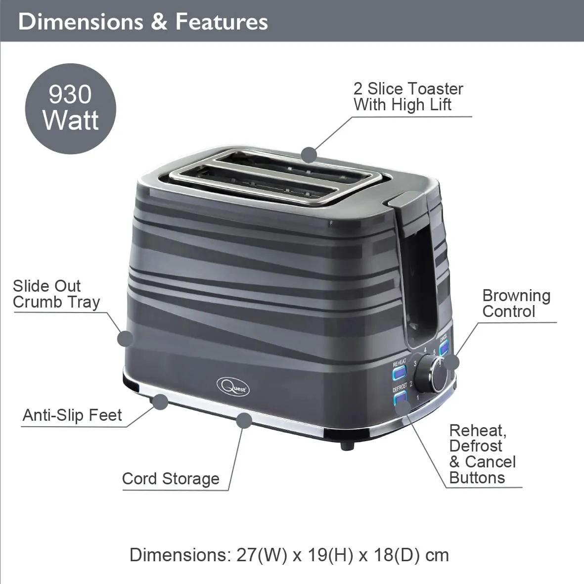 Quest Harmony 2 Slice Toasters / 7 Browning Levels/Sleek Modern Design/Defrost & Reheat Settings/Electronic Timer Control/Removable Crumb Tray / 930W Power (Grey)