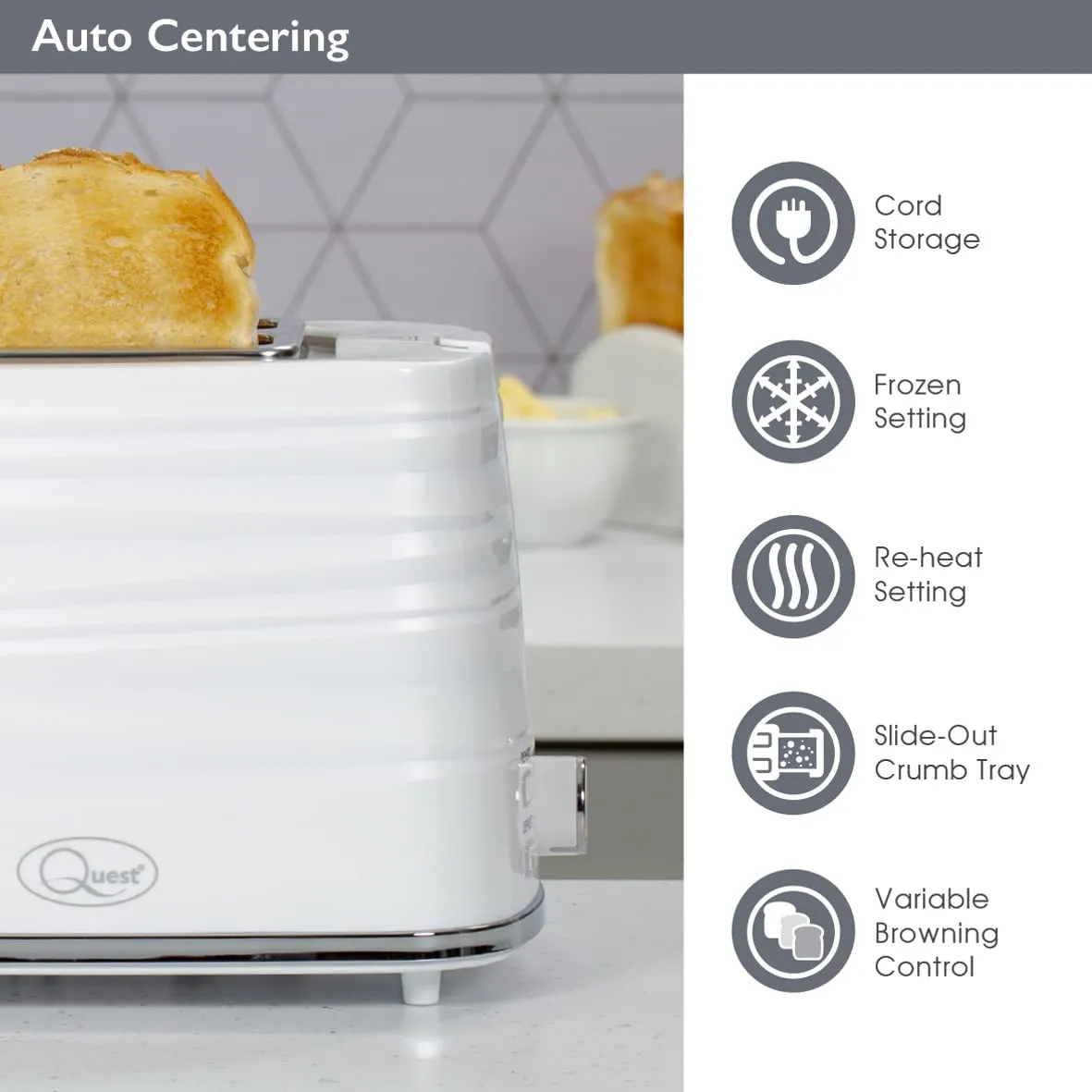 Quest Harmony 2 Slice Toasters / 7 Browning Levels/Sleek Modern Design/Defrost & Reheat Settings/Electronic Timer Control/Removable Crumb Tray / 930W Power (White)