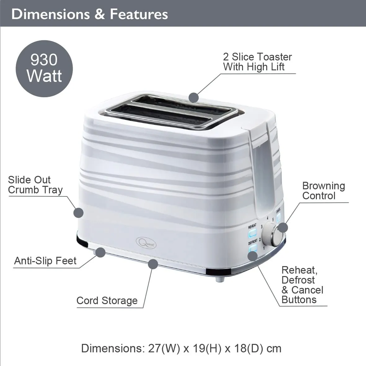 Quest Harmony 2 Slice Toasters / 7 Browning Levels/Sleek Modern Design/Defrost & Reheat Settings/Electronic Timer Control/Removable Crumb Tray / 930W Power (White)