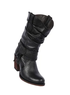 Quincy Boots Womens Fashion Floater Leather Short Black Round Toe Western Boot