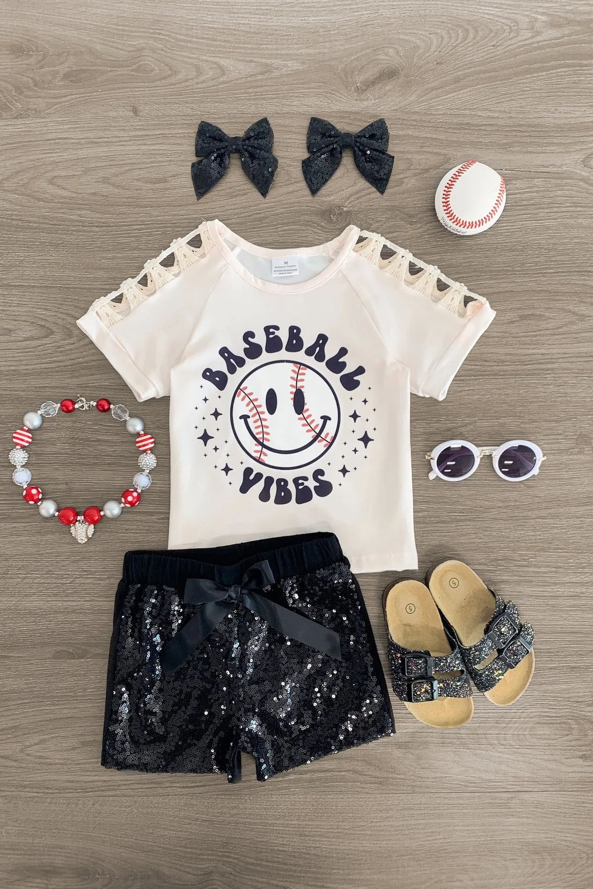 "Baseball Vibes" Smiley Sequin Short Set