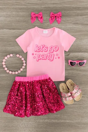 "Let's Go Party" Pink Sequin Skirt Set