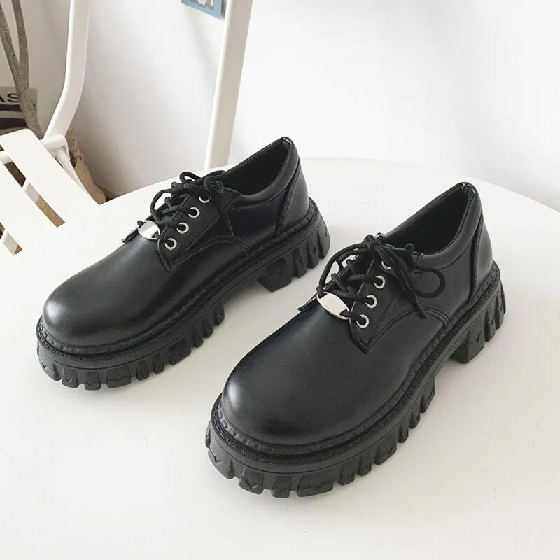 Rimocy Classic Black Platform Loafers Shoes for Women  Autumn Round Toe Lace-up Flats Woman Thick Bottom PU Leather Shoes