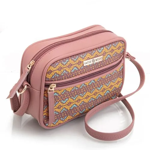 SACCI MUCCI Boxy Shoulder Sling Crossbody Bag for Women, Stylish Sling Bag For Girls, Ladies Purse, Gift for Girls -EthnicTraditional Print (Blush)