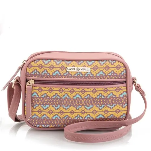 SACCI MUCCI Boxy Shoulder Sling Crossbody Bag for Women, Stylish Sling Bag For Girls, Ladies Purse, Gift for Girls -EthnicTraditional Print (Blush)