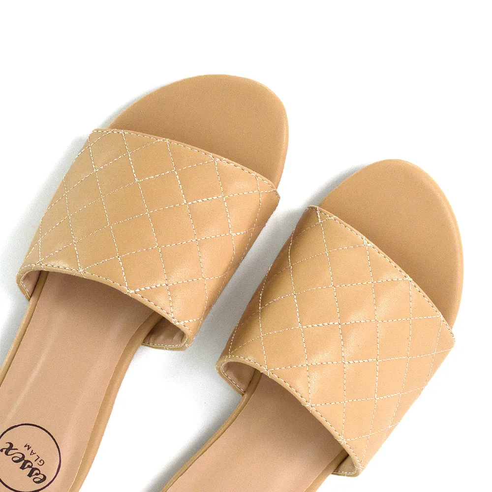 Saylor Quilted Detail Strappy Sandal Flat Sliders in White Synthetic Leather