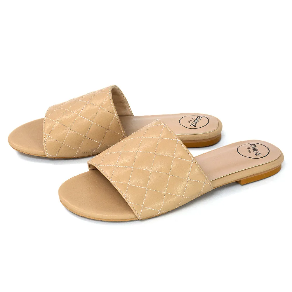 Saylor Quilted Detail Strappy Sandal Flat Sliders in White Synthetic Leather