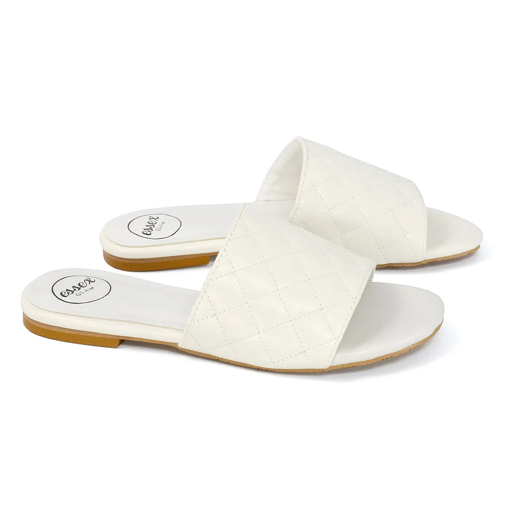 Saylor Quilted Detail Strappy Sandal Flat Sliders in White Synthetic Leather