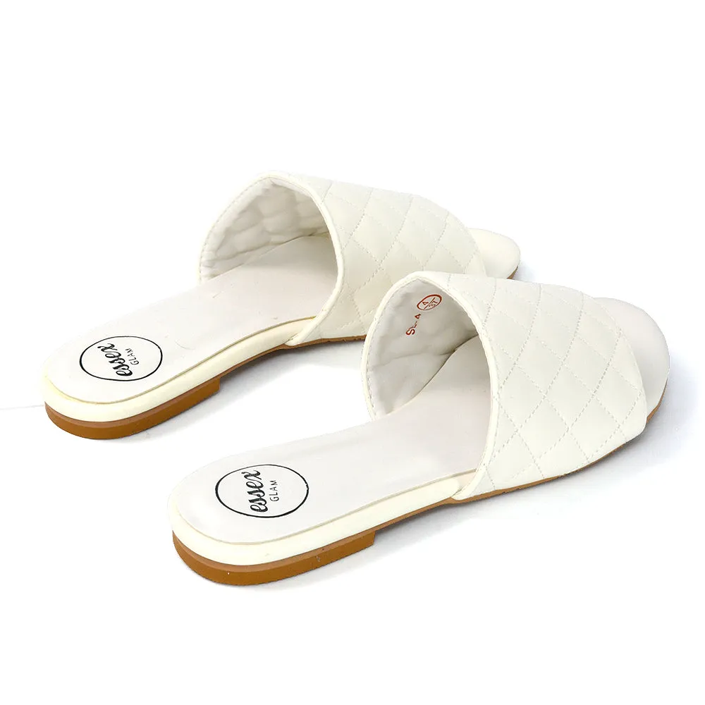 Saylor Quilted Detail Strappy Sandal Flat Sliders in White Synthetic Leather