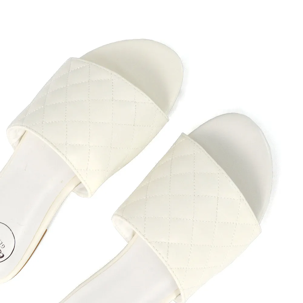 Saylor Quilted Detail Strappy Sandal Flat Sliders in White Synthetic Leather