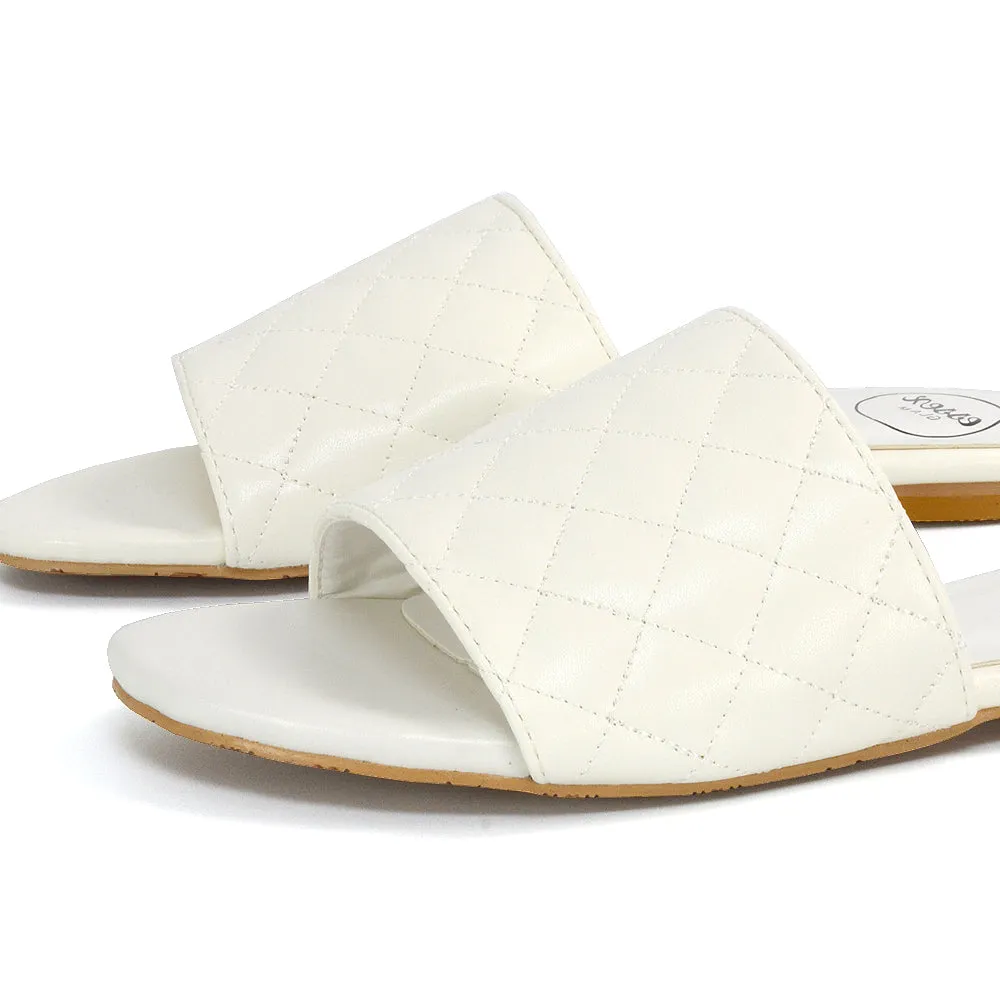 Saylor Quilted Detail Strappy Sandal Flat Sliders in White Synthetic Leather