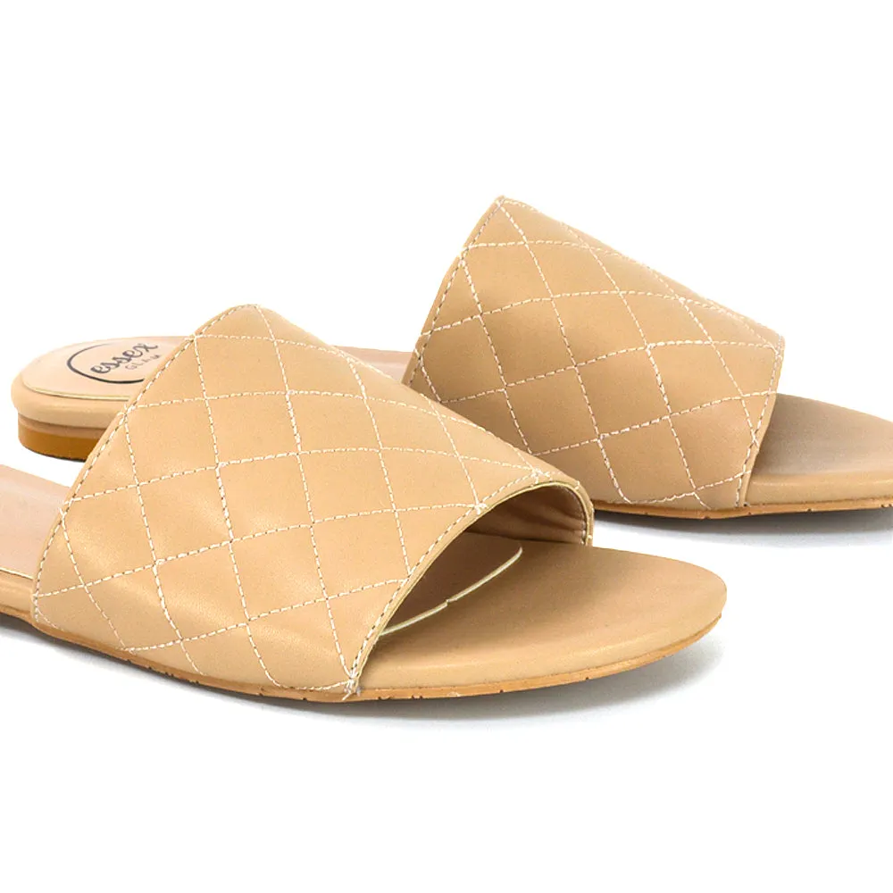 Saylor Quilted Detail Strappy Sandal Flat Sliders in White Synthetic Leather