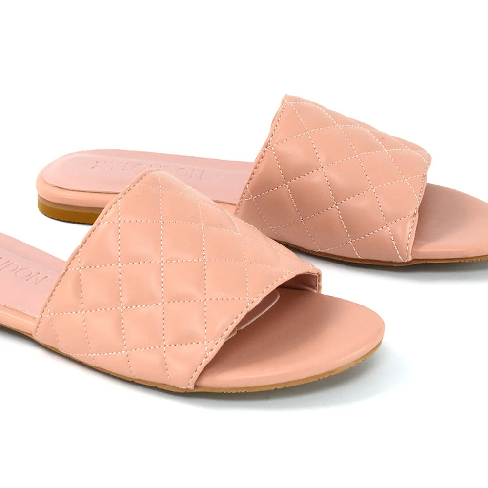 Saylor Quilted Detail Strappy Sandal Flat Sliders in White Synthetic Leather