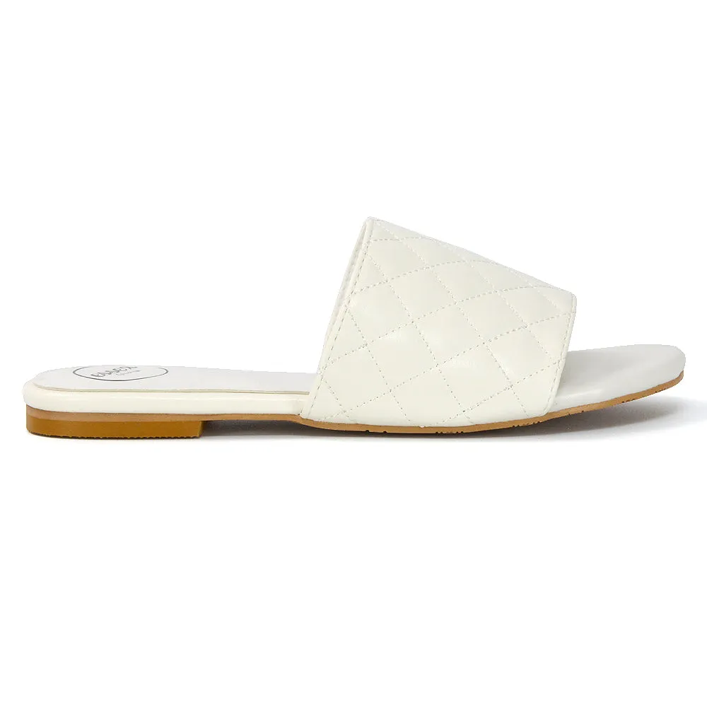 Saylor Quilted Detail Strappy Sandal Flat Sliders in White Synthetic Leather