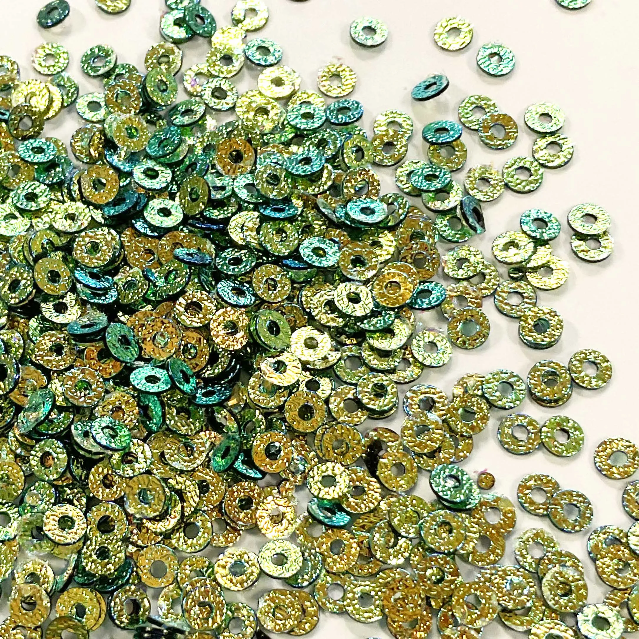 Sequins - Flat - Circle - 3mm - Textured Green with Gold Lights (S107)