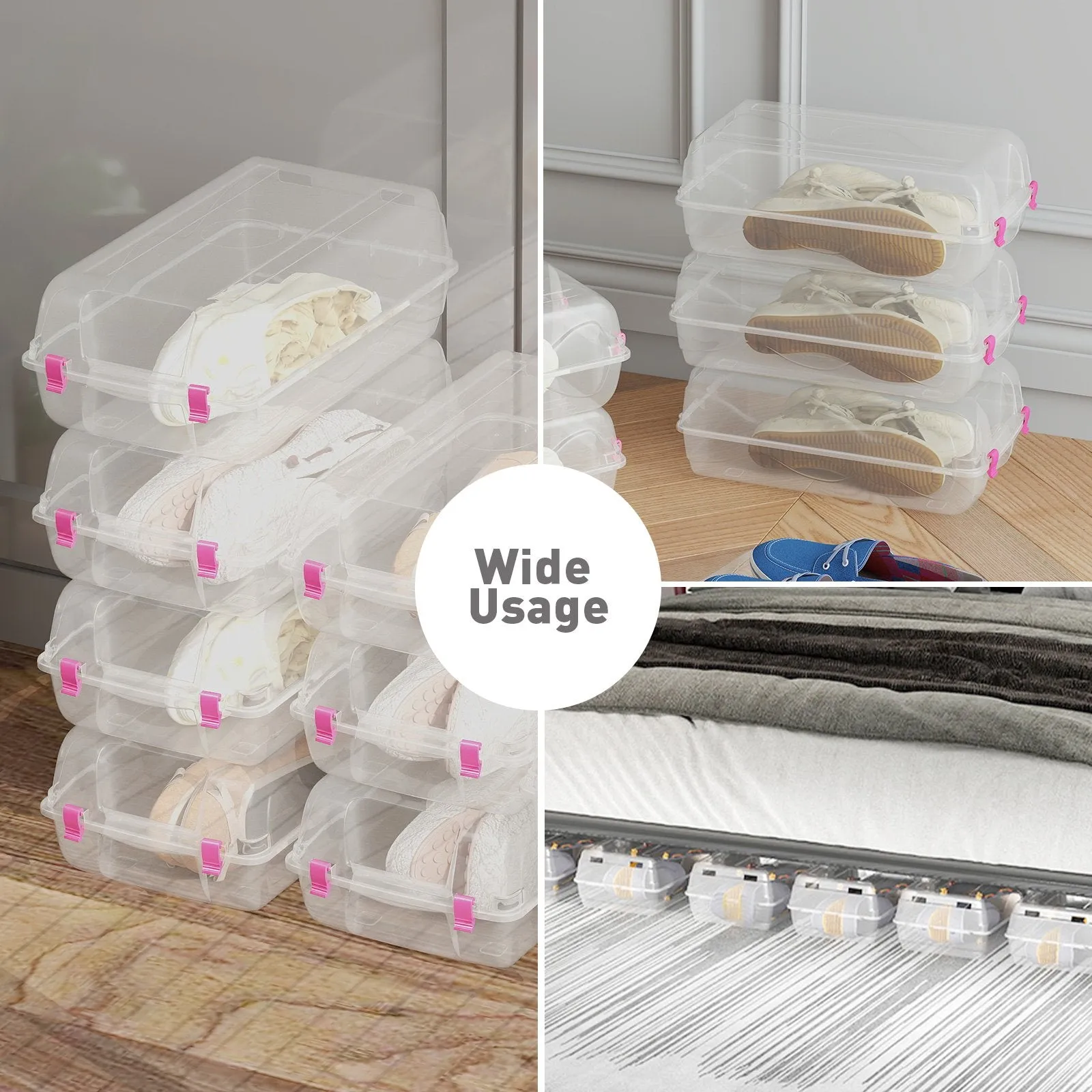 Set of 4 Shoe Storage Box Clear Plastic Stackable Shoe Organizer with Lids, Pink