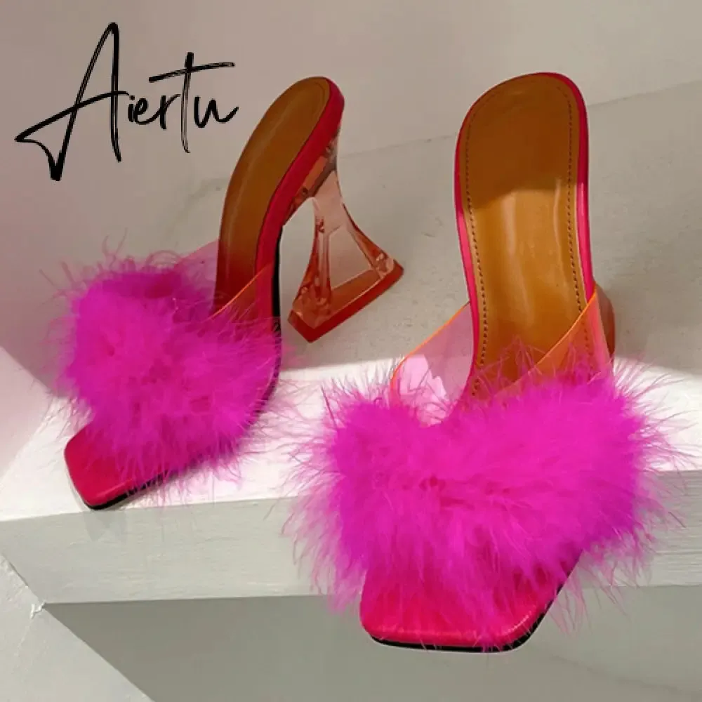 Size 35-41 Sexy Strange Transparent Heels Slippers Fashion Fur Feather Summer Sandals Peep Toe Slip-On Clear Shoes Women Slides