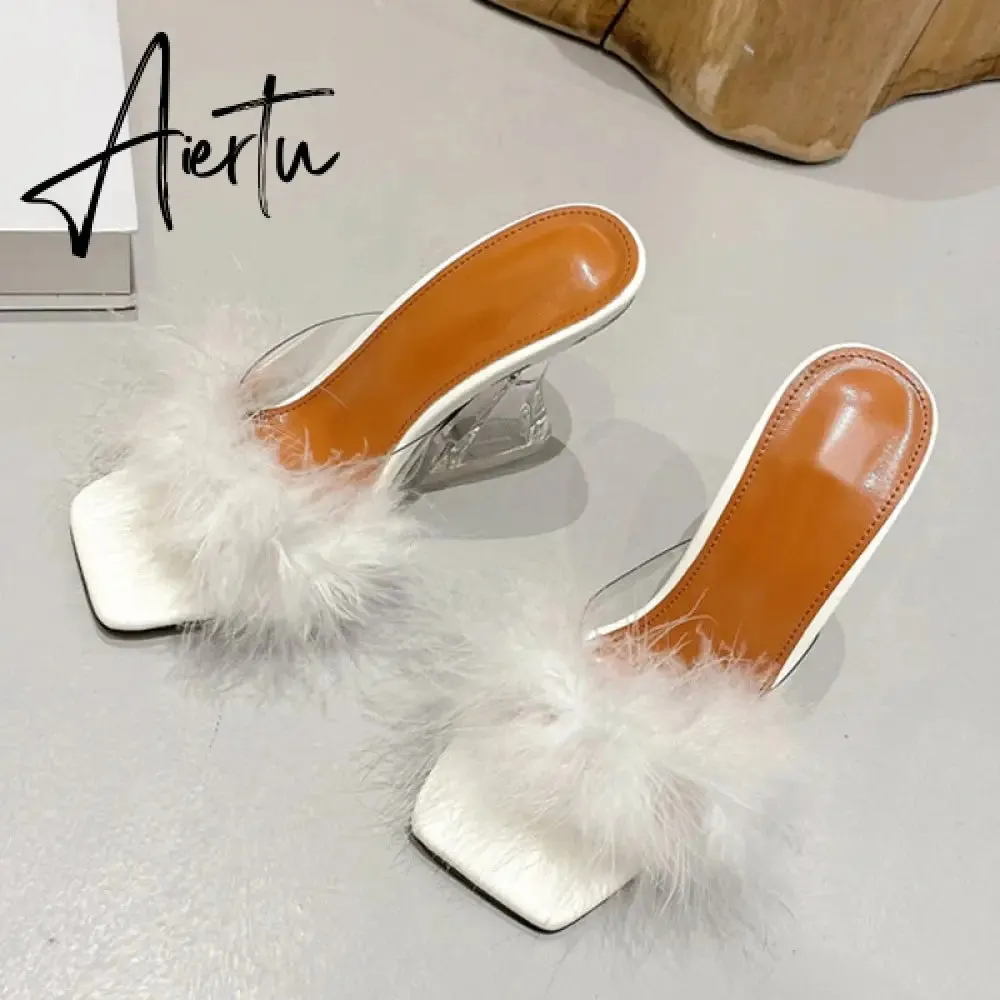 Size 35-41 Sexy Strange Transparent Heels Slippers Fashion Fur Feather Summer Sandals Peep Toe Slip-On Clear Shoes Women Slides