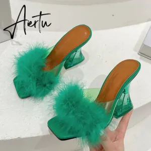 Size 35-41 Sexy Strange Transparent Heels Slippers Fashion Fur Feather Summer Sandals Peep Toe Slip-On Clear Shoes Women Slides