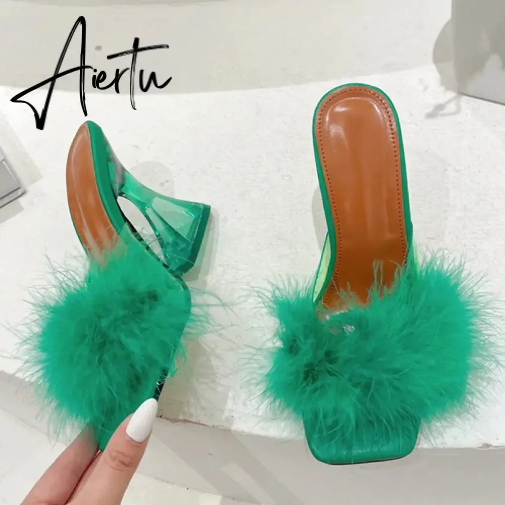 Size 35-41 Sexy Strange Transparent Heels Slippers Fashion Fur Feather Summer Sandals Peep Toe Slip-On Clear Shoes Women Slides