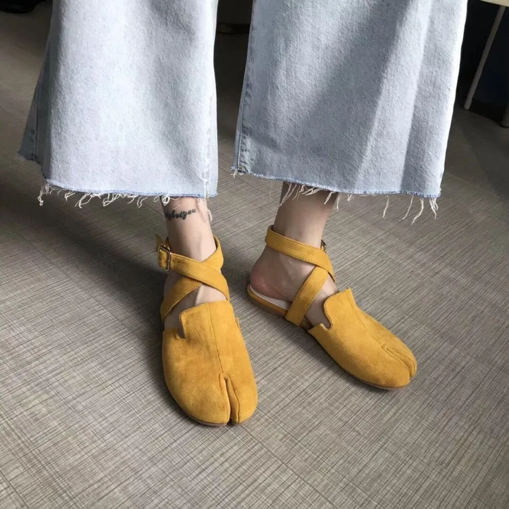 Slingback Split toe flats ballerina flock&nubuck tabi ninia shoes for women espadrilles buckle band riband flats loafers