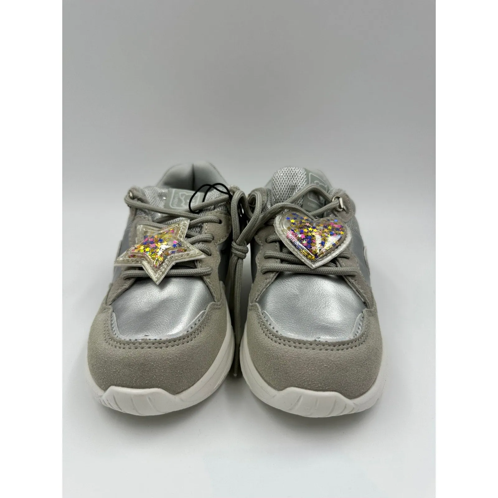 SM Kid Size 13, Silver Sneaker w/ Sparkles, Gray Suede Trim, Heart & Star Charm