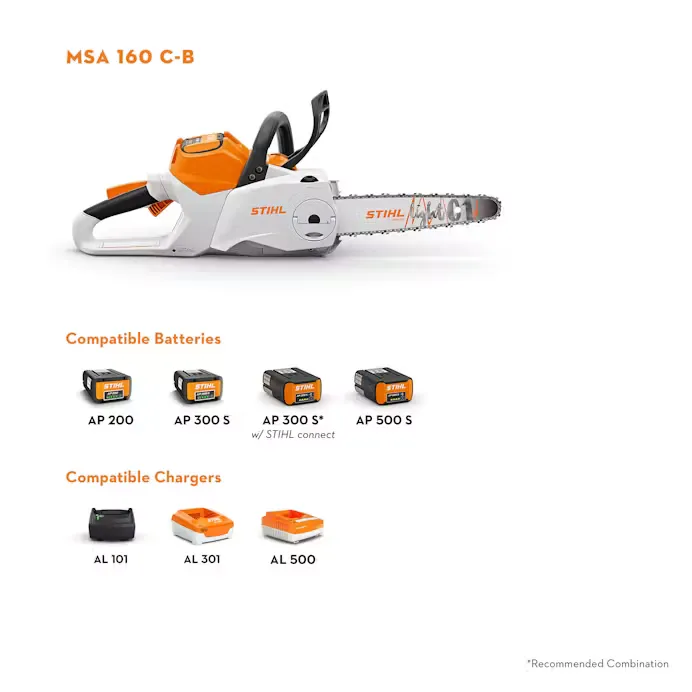 Stihl | MSA 160 C-B Battery-Powered Chainsaw | 12" bar w/ AP 300 S Battery & AL 301 Charger (MSA160-AP300S-AL301-COMBO)