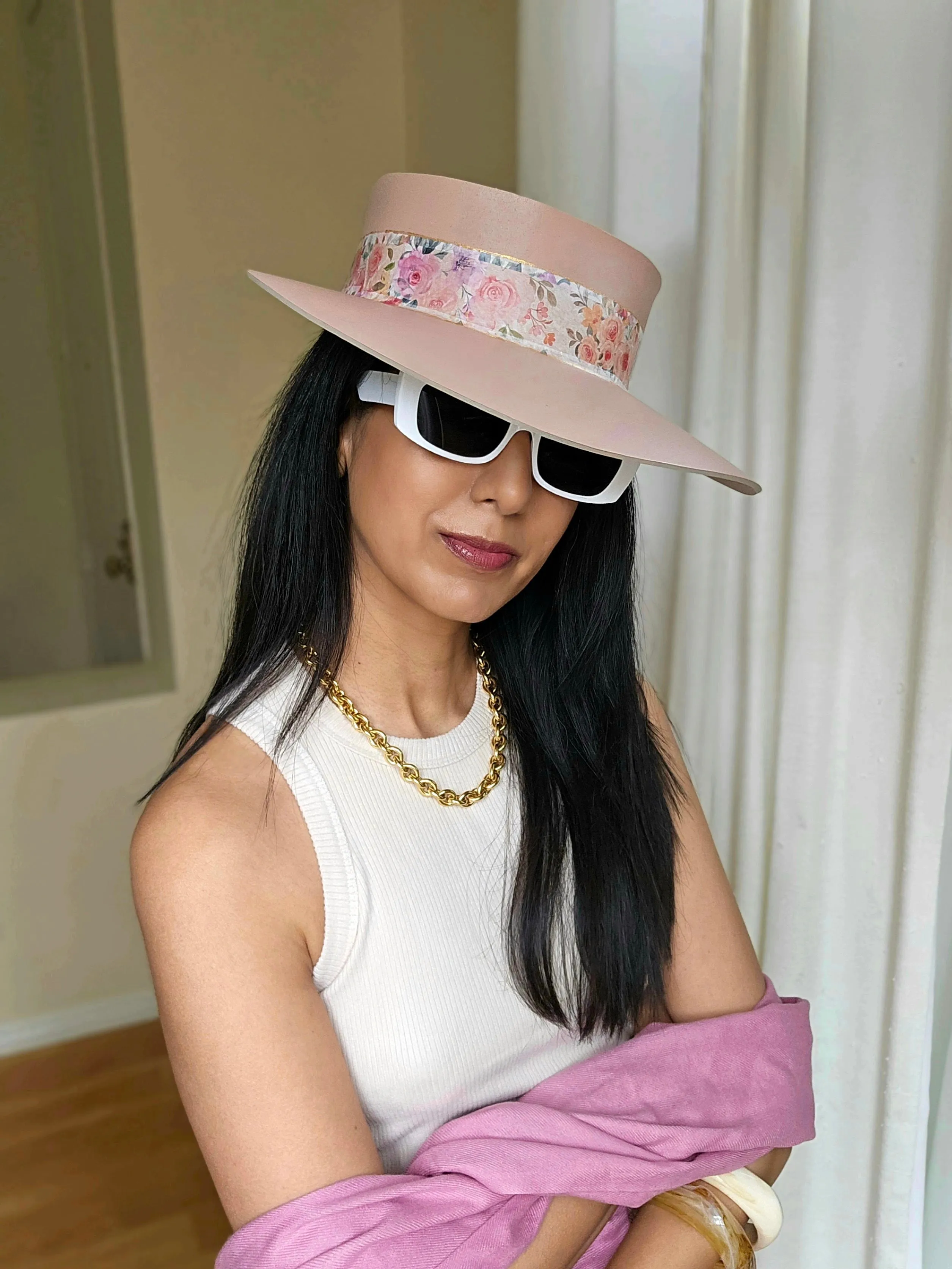 Tall Peachy Pink "LadyEVA" Visor Hat with Bright and Bold Pink Floral Band