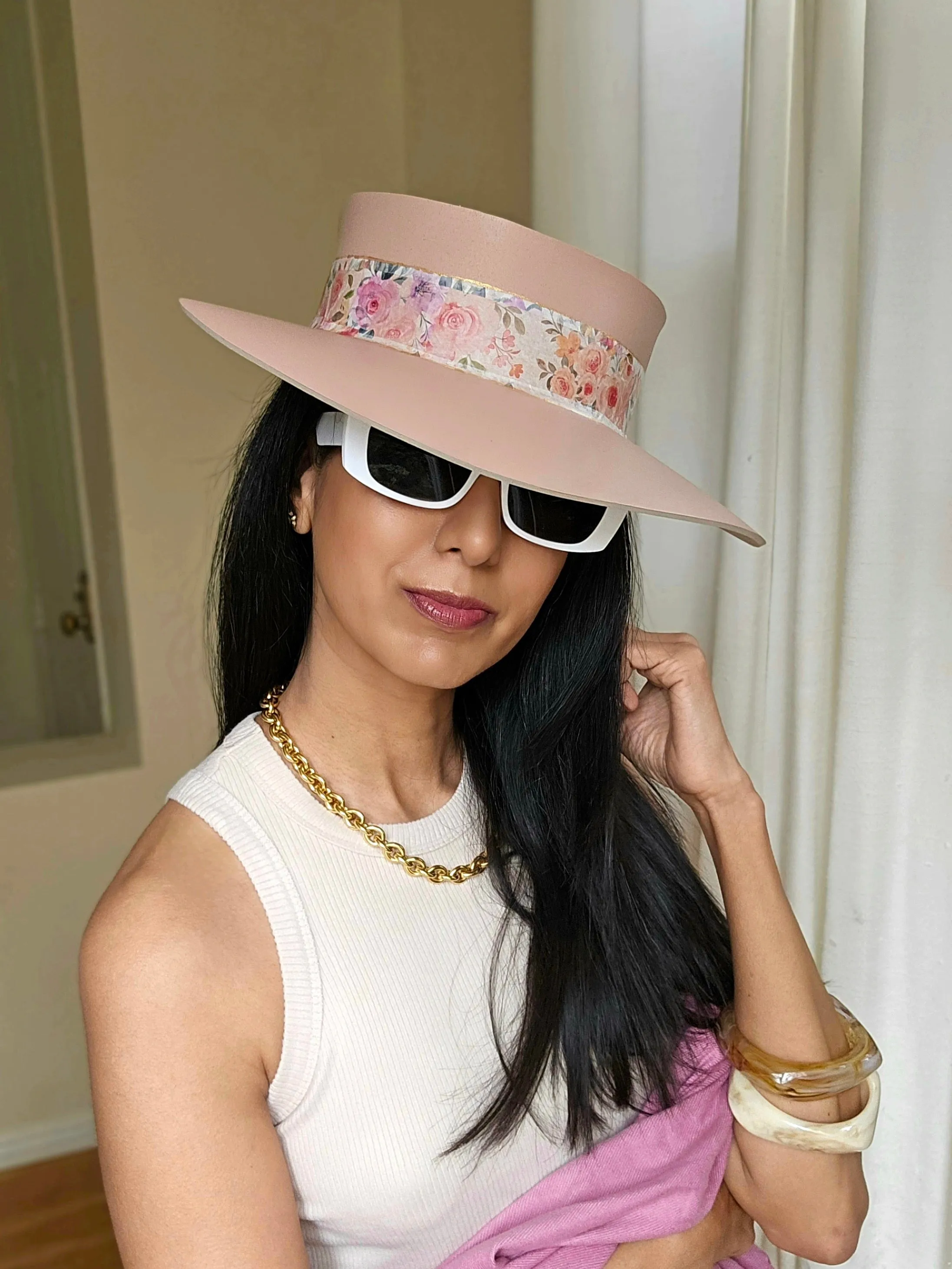 Tall Peachy Pink "LadyEVA" Visor Hat with Bright and Bold Pink Floral Band