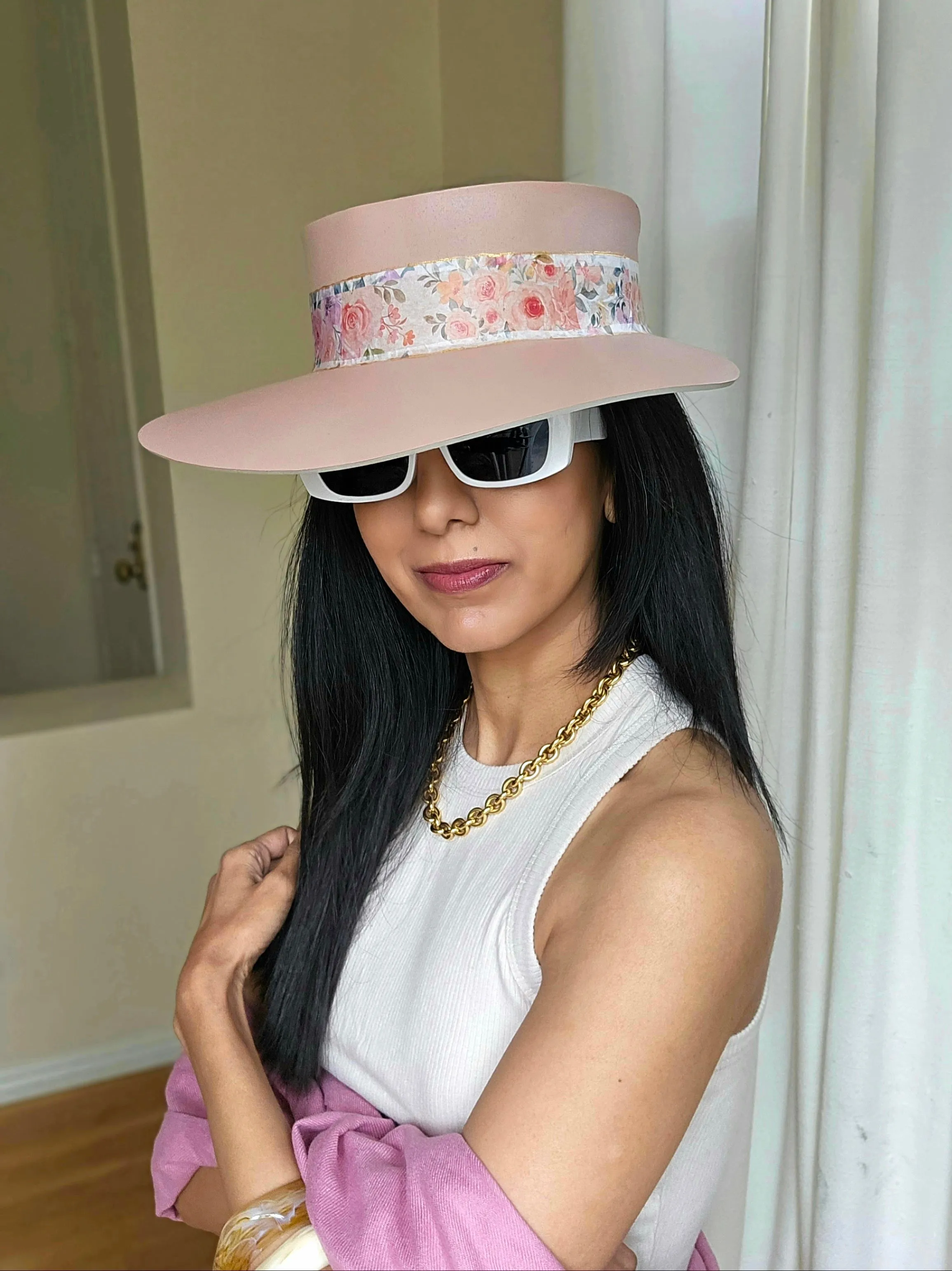 Tall Peachy Pink "LadyEVA" Visor Hat with Bright and Bold Pink Floral Band