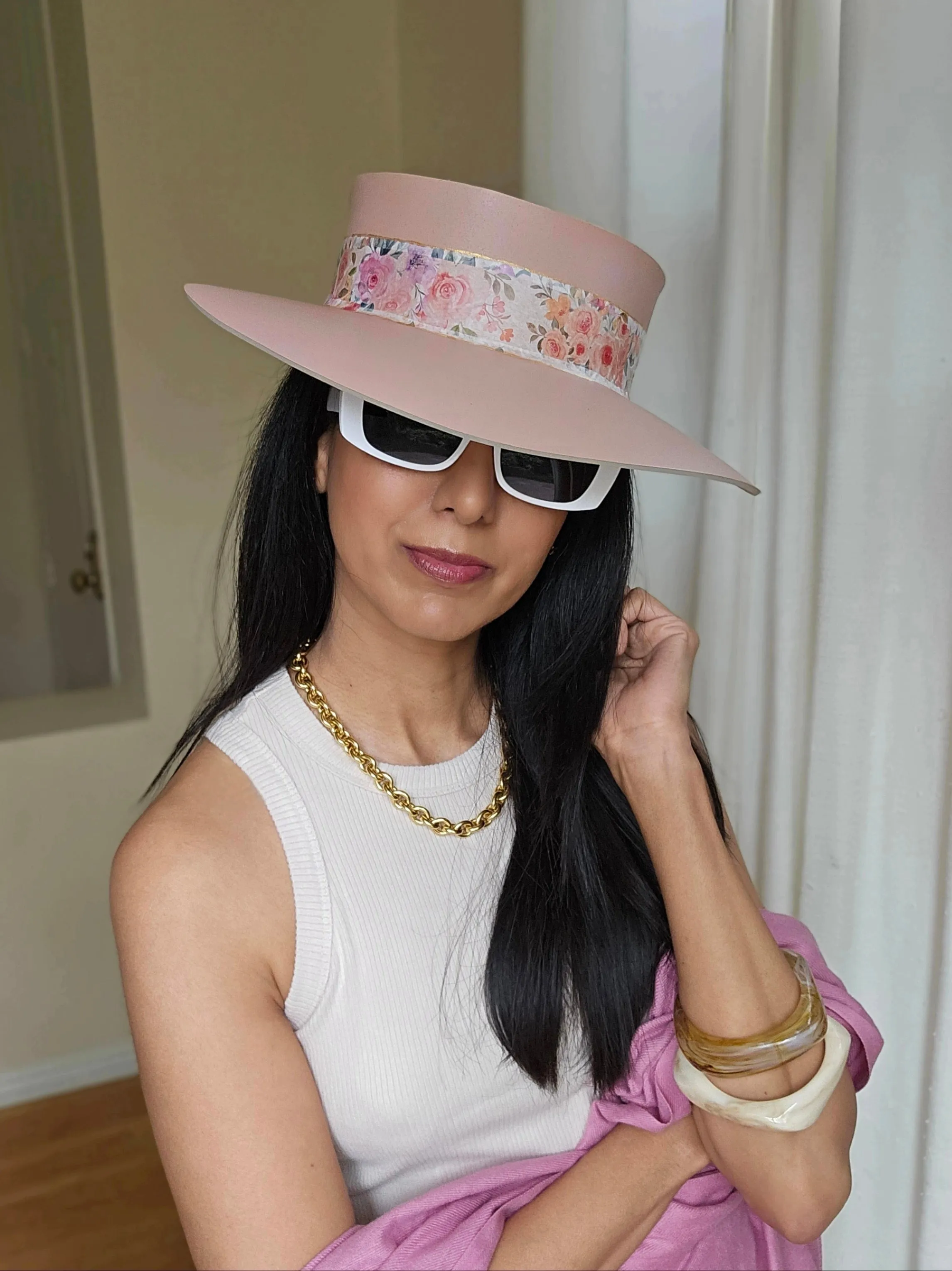 Tall Peachy Pink "LadyEVA" Visor Hat with Bright and Bold Pink Floral Band