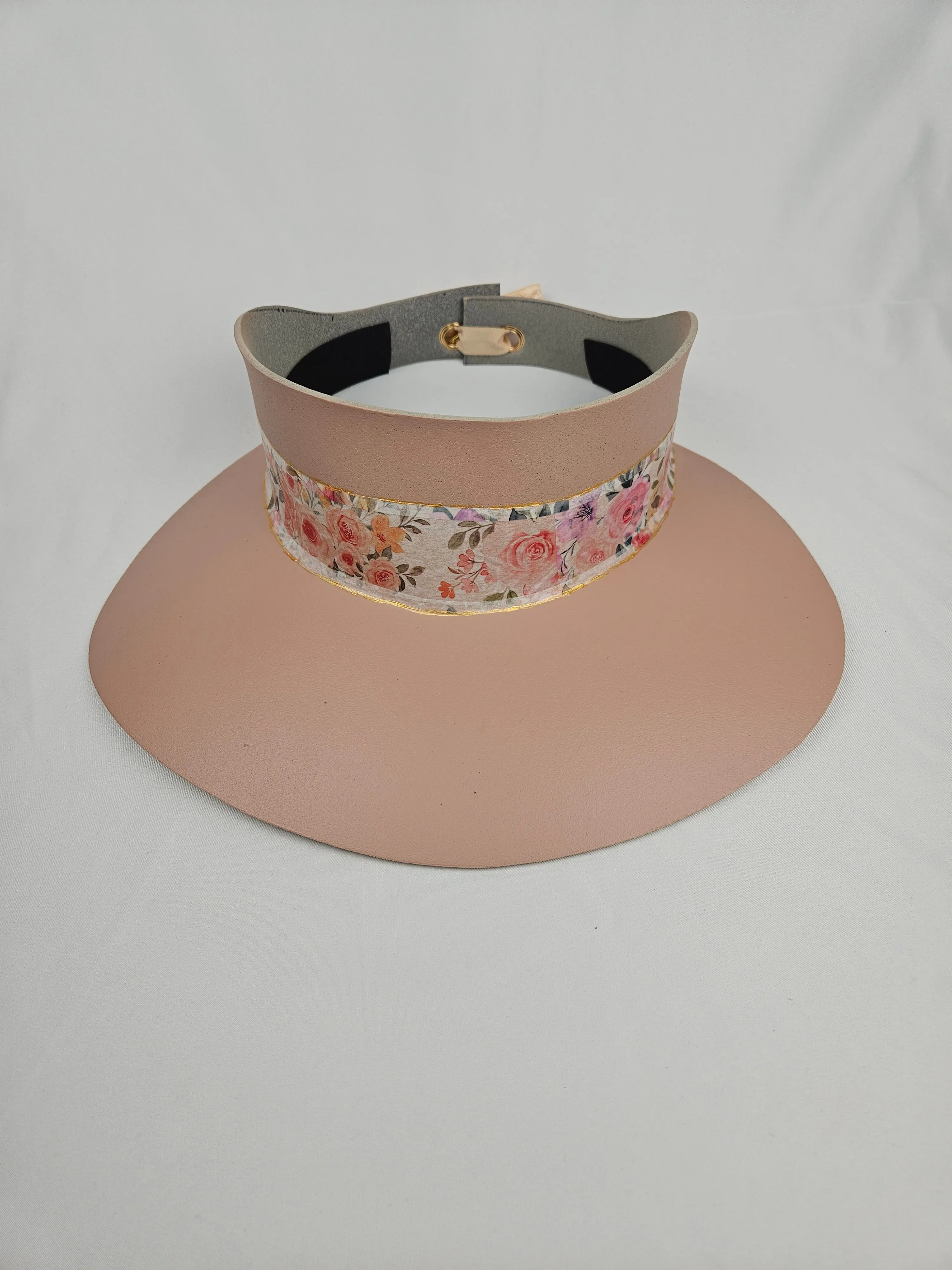 Tall Peachy Pink "LadyEVA" Visor Hat with Bright and Bold Pink Floral Band