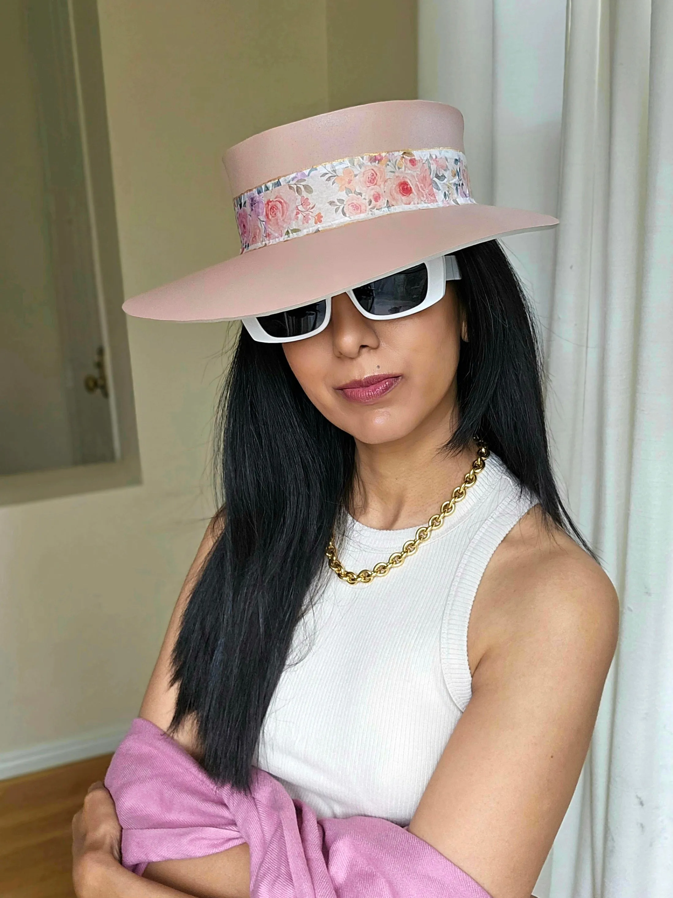 Tall Peachy Pink "LadyEVA" Visor Hat with Bright and Bold Pink Floral Band