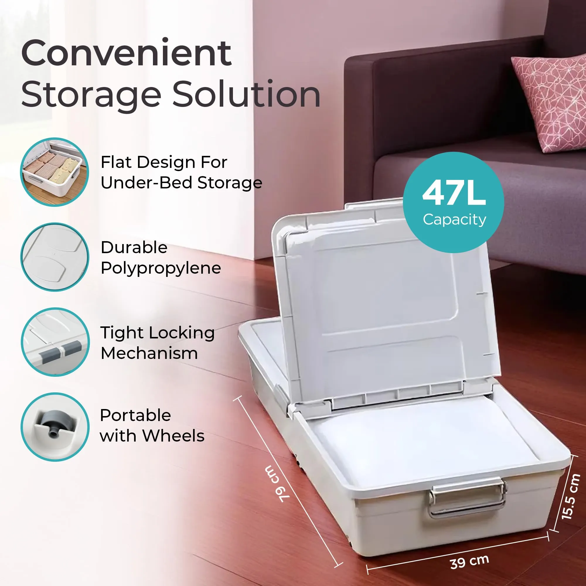 The Better Home Large Capacity Underbed Storage Box with Lid and Wheels | 47L | Storage Box For Clothes | Storage Organizer | Plastic Box | Blankets/Toys/Stationary| Dustproof, Stackable -Transparent