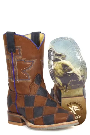 Tin Haul Kids Unisex Check It Out Brown/Navy Leather Cowboy Boots