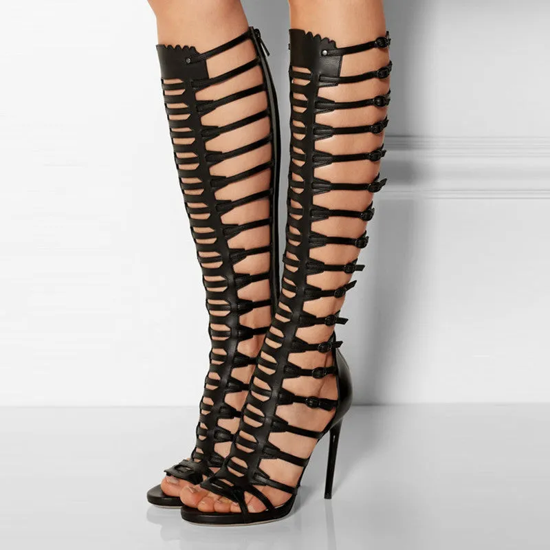 Toleet Black Hollow Out Stiletto Heels Strappy Knee Gladiator Sandals