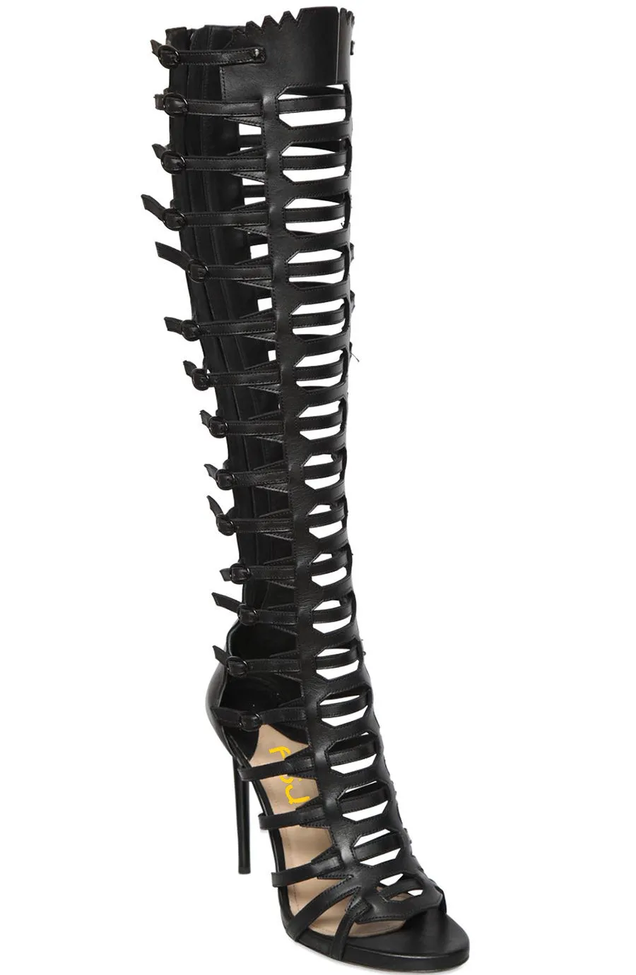 Toleet Black Hollow Out Stiletto Heels Strappy Knee Gladiator Sandals