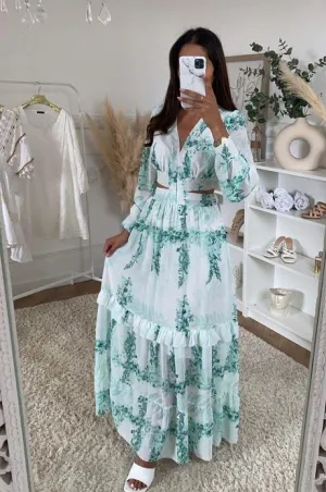 Turquoise Floral Print Long Sleeve Cut Out Maxi Dress