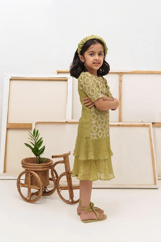 Twist and Shout- Green Chanderi Silk Hand Embroidered Ruffled Dress for Girls