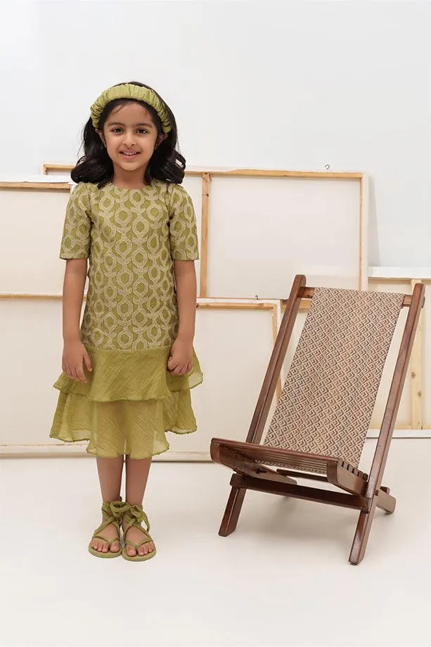 Twist and Shout- Green Chanderi Silk Hand Embroidered Ruffled Dress for Girls