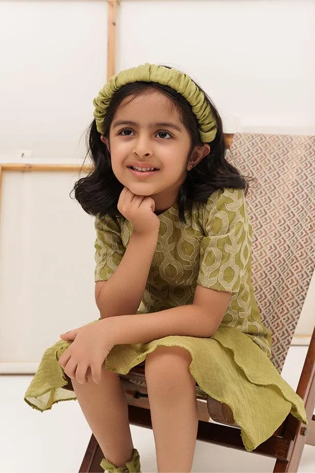 Twist and Shout- Green Chanderi Silk Hand Embroidered Ruffled Dress for Girls