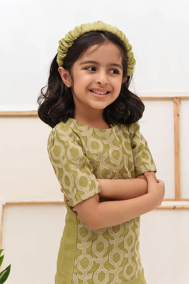 Twist and Shout- Green Chanderi Silk Hand Embroidered Ruffled Dress for Girls