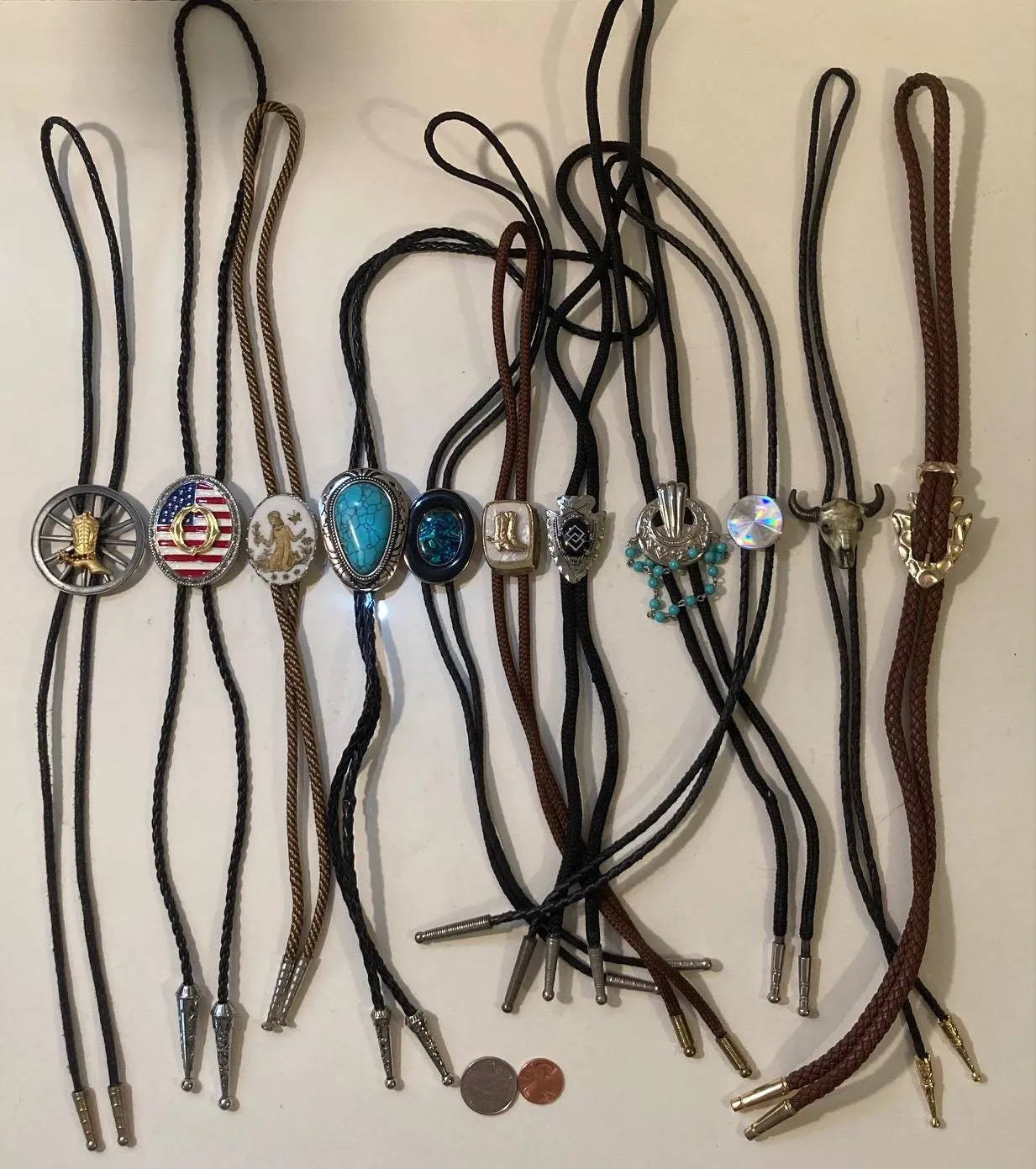 Vintage Lot of 11 Metal Bolo Ties, Flag, Turquoise, Cowboy Boots, Arrowhead, Bull, More, Nice Western Designs, Quality, Heavy Duty