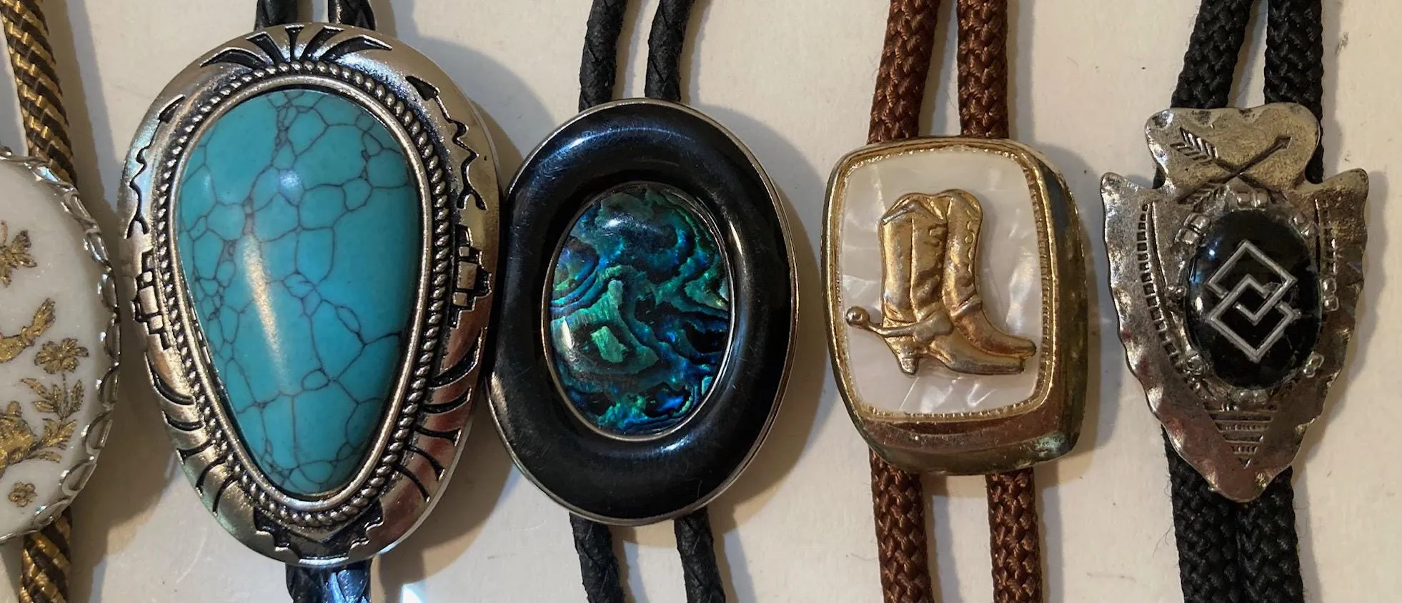 Vintage Lot of 11 Metal Bolo Ties, Flag, Turquoise, Cowboy Boots, Arrowhead, Bull, More, Nice Western Designs, Quality, Heavy Duty