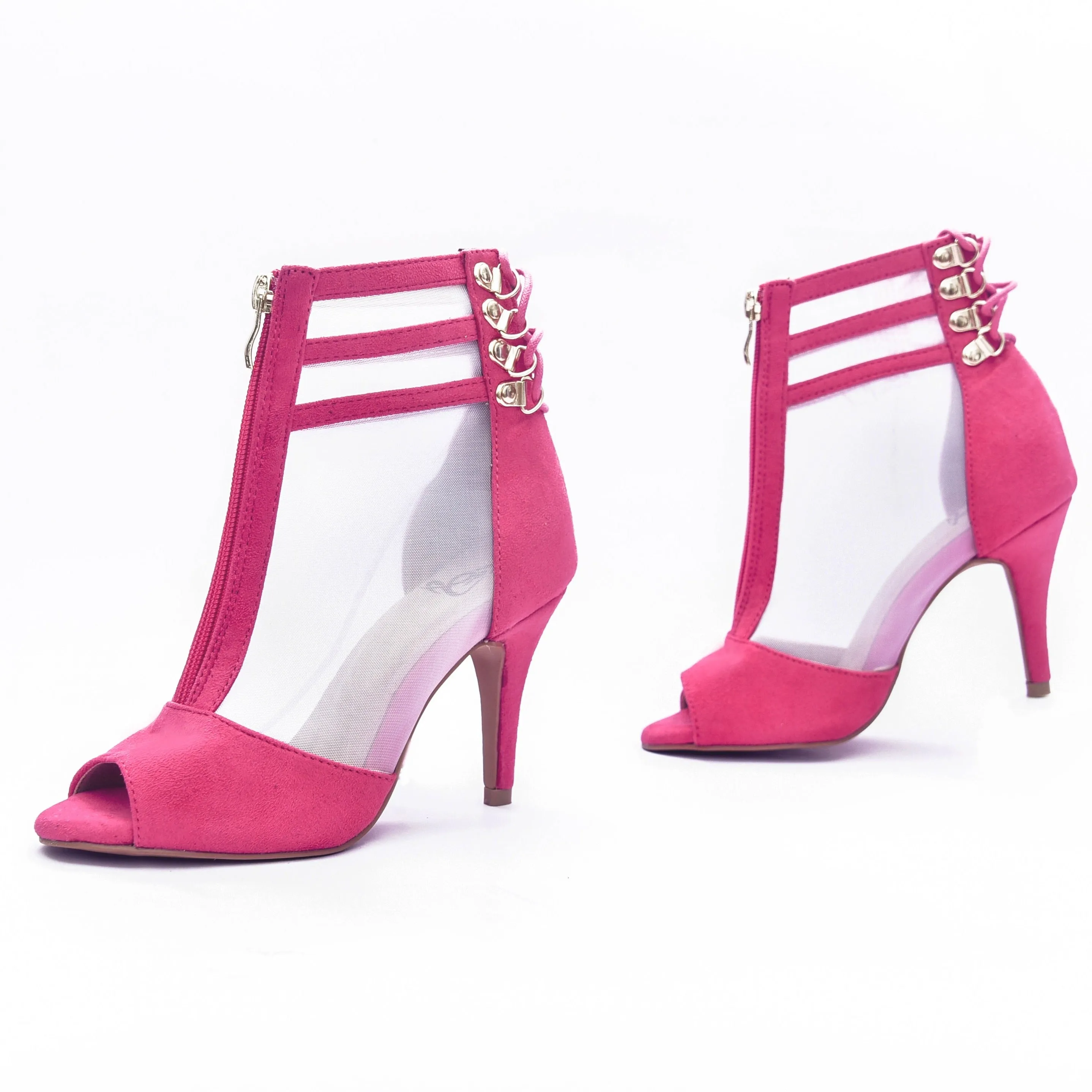 Vixen Lace-Up Open Toe Ankle Stiletto Dance Booties (Fuchsia)