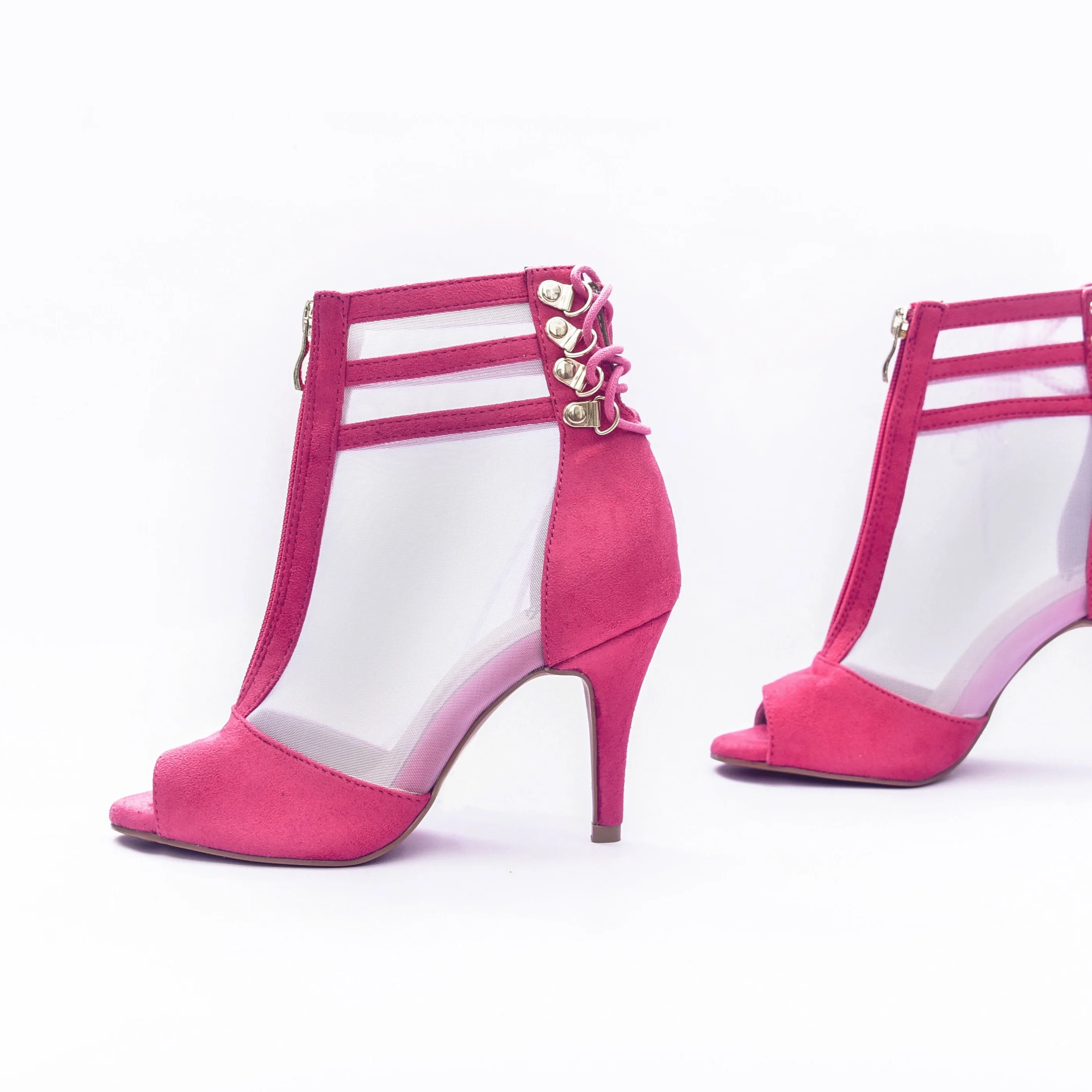 Vixen Lace-Up Open Toe Ankle Stiletto Dance Booties (Fuchsia)