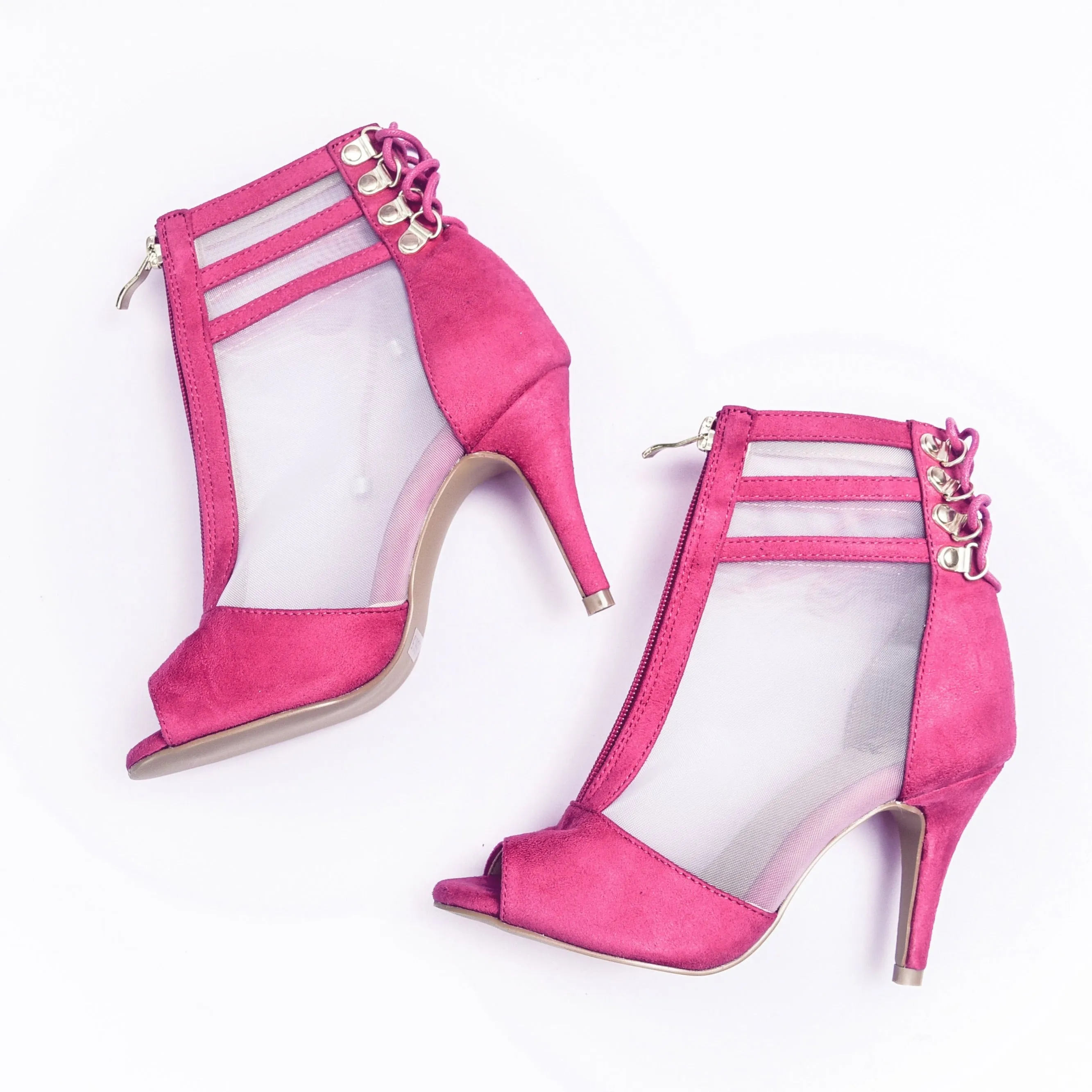 Vixen Lace-Up Open Toe Ankle Stiletto Dance Booties (Fuchsia)