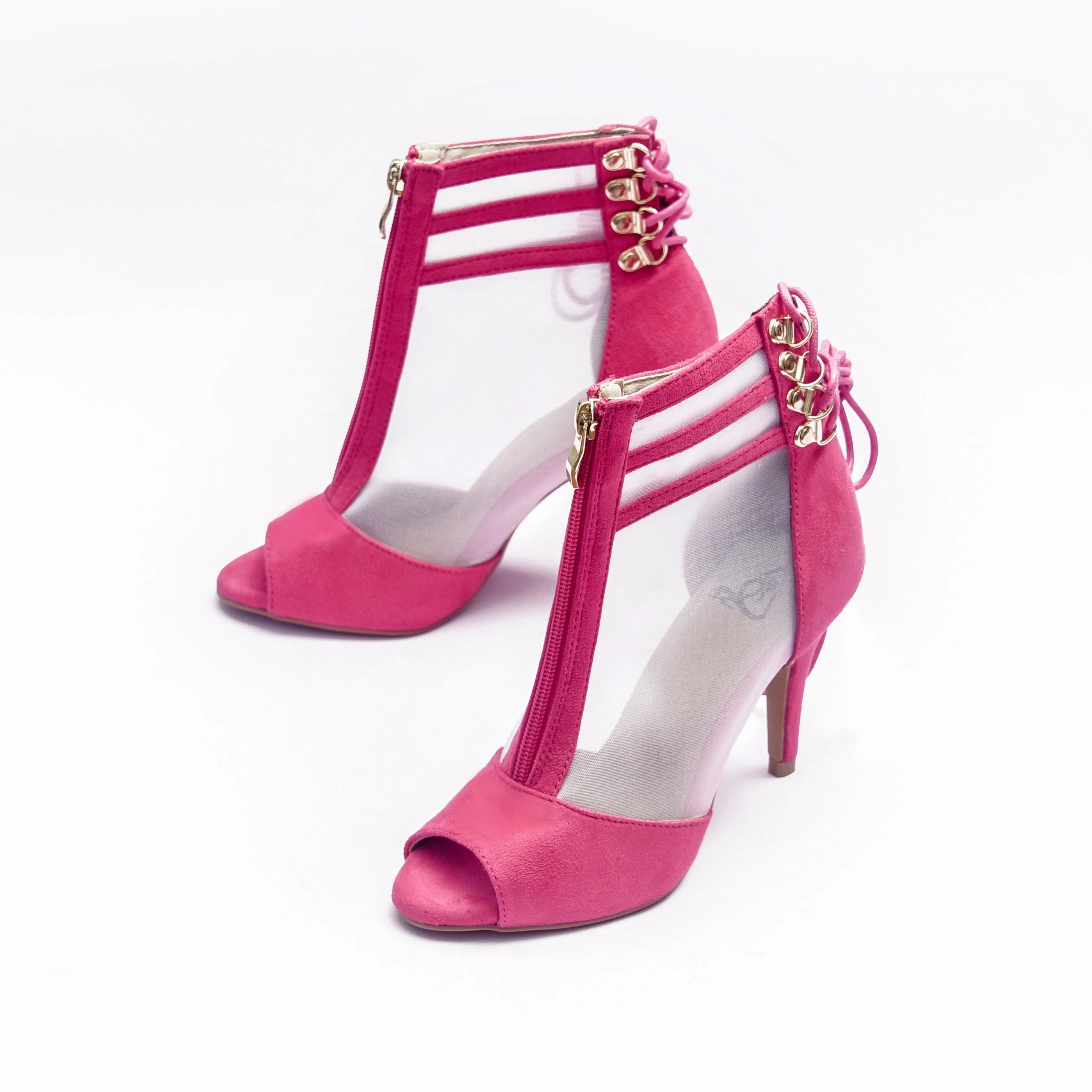 Vixen Lace-Up Open Toe Ankle Stiletto Dance Booties (Fuchsia)