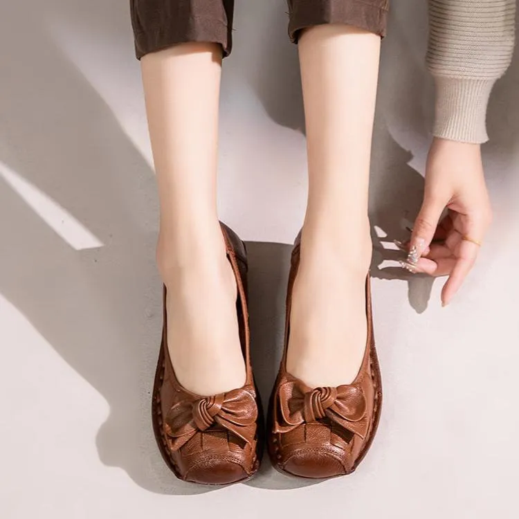 Wedges Vintage Leather Soft Sole Slip Bowknot Women's Shoes