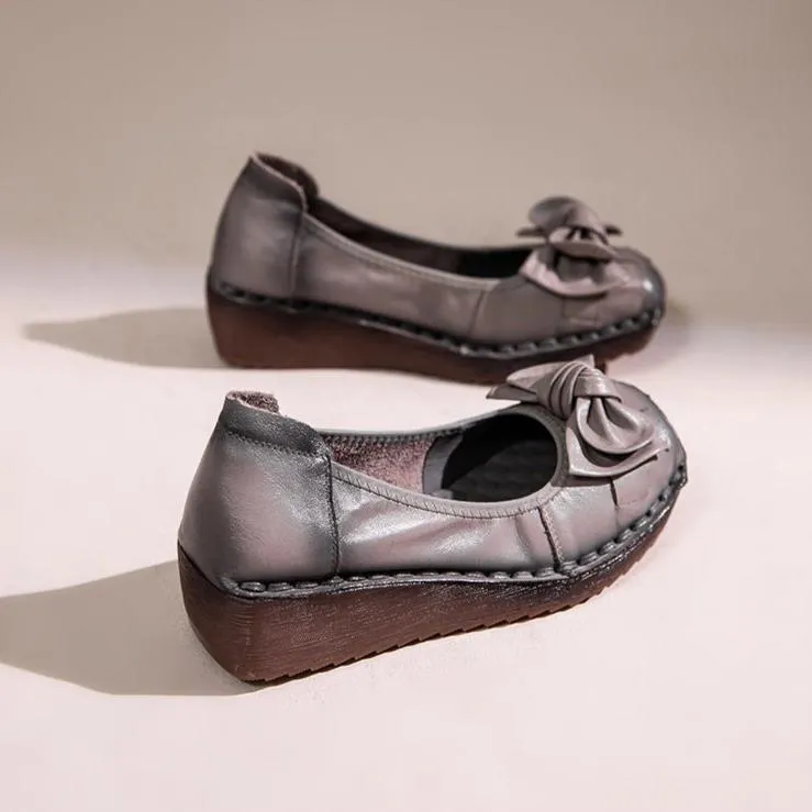 Wedges Vintage Leather Soft Sole Slip Bowknot Women's Shoes